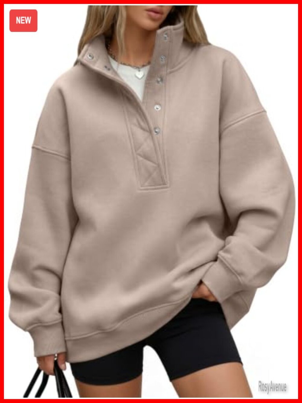 Oversized Henley Snap Button Sweatshirt Cotton Blend Pullover